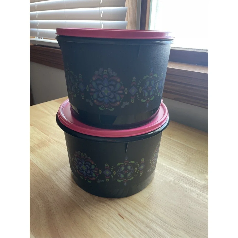 Tupperware Canister Set 2pc Black Pink Floral Medallion Round Storage Containers